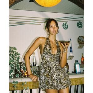 Vanessa Mooney Leopard Print Halter Romper in Brown and Black